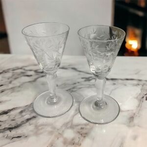 (2) Vintage Etched Floral cordial Glasses